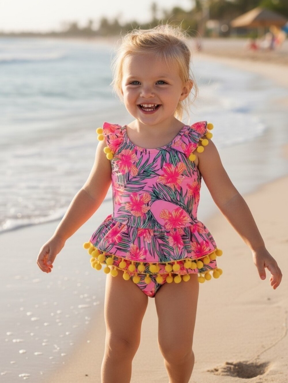 Nicole Miller Pink Floral Pom-Pom Peplum One-Piece Swimsuit for Kids
